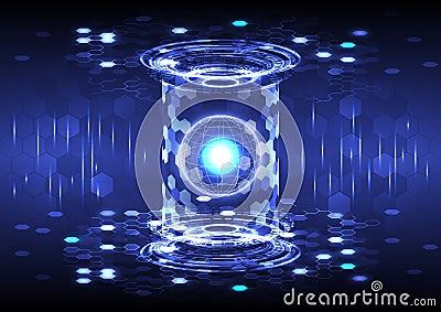 Portal and hologram science futuristic technology. Sci-fi digital hi-tech in glowing HUD projector. Magic gate in game fantasy. Vector Illustration