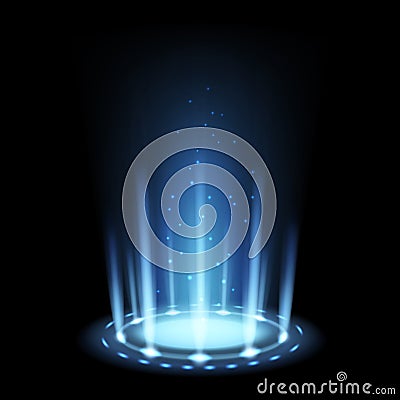 Portal magic. Realistic light effect with blue beam and glowing particles. 3D futuristic teleport funnel. Isolated Vector Illustration