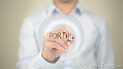 Portal , Man writing on transparent screen Stock Photo