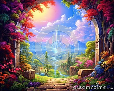 portal in the middle of a beautiful landscape. Stock Photo