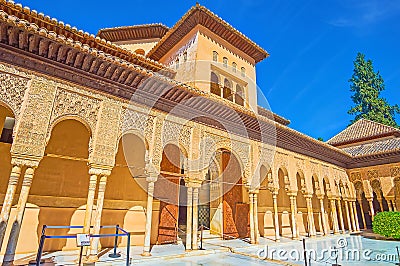 The portal of Nasrid Palace with sebka decors, Court of Lions, Alhambra, Granada, Spain Editorial Stock Photo