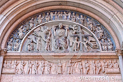 Portal of the rendeemer of Baptistery of Parma Stock Photo