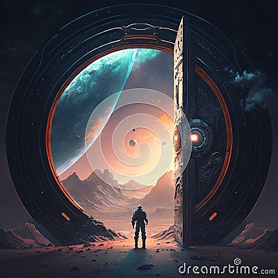 Portal to far universe. Astronaut space exploration, gateway to another world, science fiction concept. Generative AI Stock Photo
