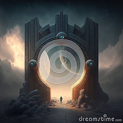 Portal to far universe. Astronaut space exploration, gateway to another world, science fiction concept. Generative AI Stock Photo