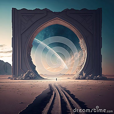 Portal to far universe. Astronaut space exploration, gateway to another world, science fiction concept. Generative AI Stock Photo
