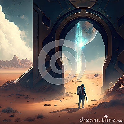 Portal to far universe. Astronaut space exploration, gateway to another world, science fiction concept. Generative AI Stock Photo