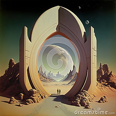 Portal to far universe. Astronaut space exploration, gateway to another world, science fiction concept. Generative AI Stock Photo