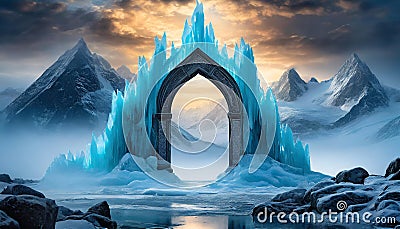 Portal to mystical ice kingdom. Frozen gateway. Beautiful landscape. Winter scenery Stock Photo
