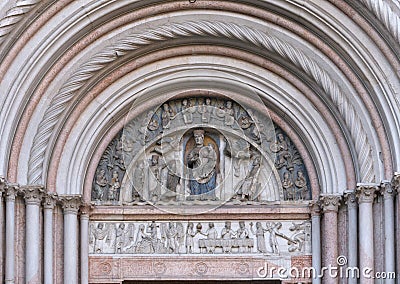 The portal of the Virgin of Baptistery of Parma Stock Photo