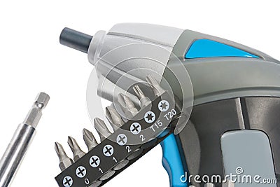 Electric accumulator screwdriver with spare tools Stock Photo