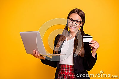 Portarit of cute lovely pretty youth people hold hand device use pigtail ponytail skirt clothing stylish trendy netbook Stock Photo