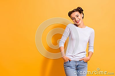 Portarit of cute nice magnificent young lady hangout with her best friends placing hands in pockets wearing white Stock Photo
