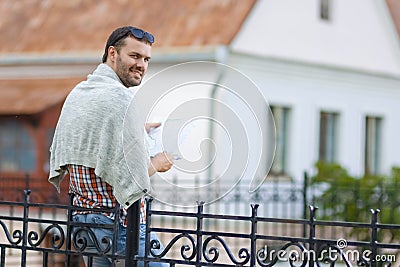 Portarit of Happy Caucasian Handsome Reading Outdor Stock Photo