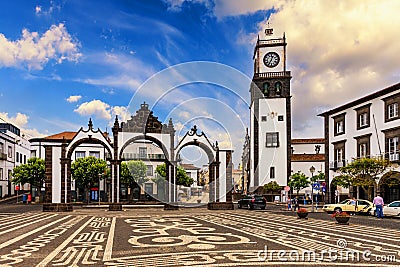 Portas da Cidade, the city symbol of Ponta Delgada in Sao Miguel Island in Azores, Portugal. Portas da Cidade (Gates to the City Stock Photo