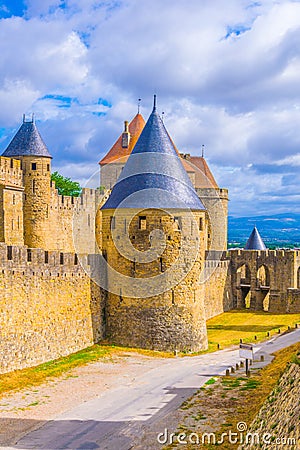 Porte Narbonnaise leading to the old town of Carcassonne, France Stock Photo