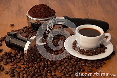 Porter Filter, tamper with whole bean and coffee Stock Photo