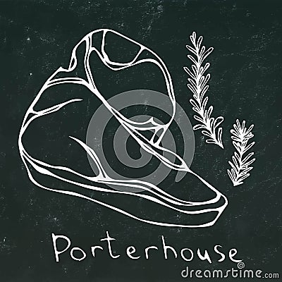 Porterhouse Steak Cut and Rosemary Vector Isolated On Chalkboard Background Outline Vector Illustration