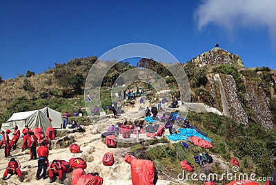 Porters at the Dead Woman's Pass in Inca Trail to Machu Picchu Editorial Stock Photo