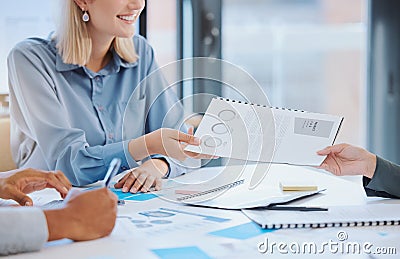 Portfolio, report and meeting on financial documents for business investors to review the revenue performance analytics Stock Photo