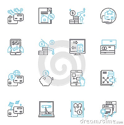 Portfolio resource linear icons set. Showcase, Presentation, Exhibit, Display, Compilation, Collection, Archive line Vector Illustration