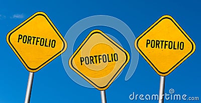 Portfolio - yellow signs with blue sky Stock Photo