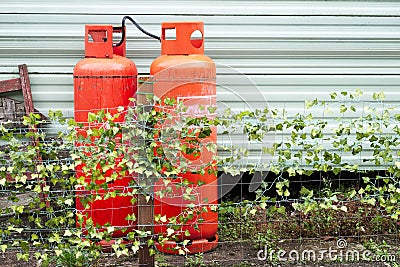 Calor gas cylinder bottles at caravan park site in Porthcawl UK Editorial Stock Photo
