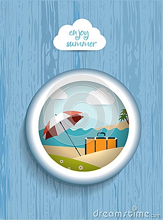 Porthole wiew. Summer sunny beach day. Vector Illustration