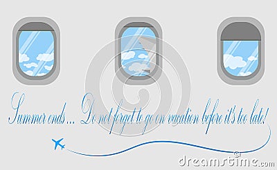 Portholes of the aircraft. A view of the white clouds. Vacation. Finals of the summer. Vector Illustration