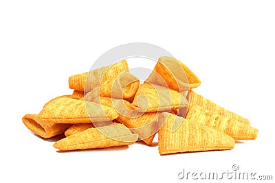 Portion of cone shaped snack isolated on white background. Tornado shaped crackers Stock Photo