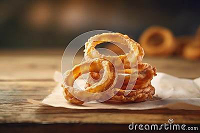 portion of crispy fried onion rings on rustic wooden table. AI generated Stock Photo