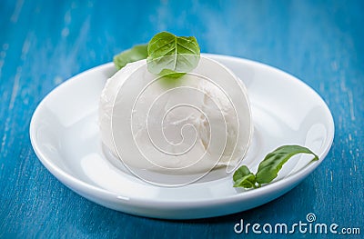 Portion of delicious buffalo mozzarella with basil leaves Stock Photo