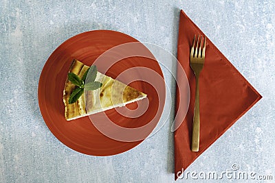 Portion delicious cheesecake and red napkin Stock Photo