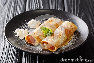 Portion of delicious crepes with apricot filling and powdered sugar close-up in a plate. horizontal Stock Photo