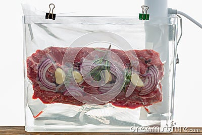 Portion of flat iron beef steak sous-vide cooking Stock Photo