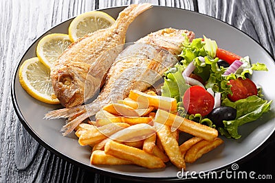 Portion of fried pink dorado fish with french fries and vegetable salad closeup on a plate. horizontal Stock Photo