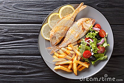 Portion of fried pink dorado fish with french fries and vegetable salad closeup on a plate. horizontal top view Stock Photo