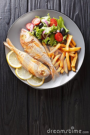 Portion of fried pink dorado fish with french fries and vegetable salad closeup on a plate. Vertical top view Stock Photo