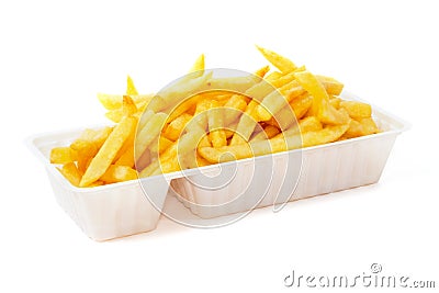 Portion of fries in disposable tray Stock Photo