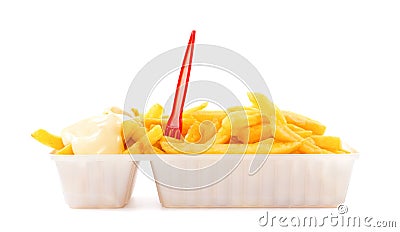 Portion of fries with mayonnaise and plastic fork Stock Photo