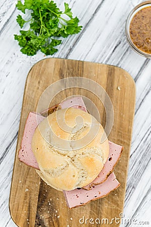 Portion of German Leberkaese selective focus Stock Photo