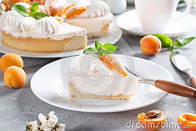 Portion of layered cheesecake with apricot on light background. Apricot tart. Fruit pie Stock Photo