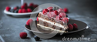 Portion of layered creamy fruit cake in close up view Stock Photo