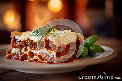 Portion of meat Lasagna with bechamel and parmesan cheese Stock Photo