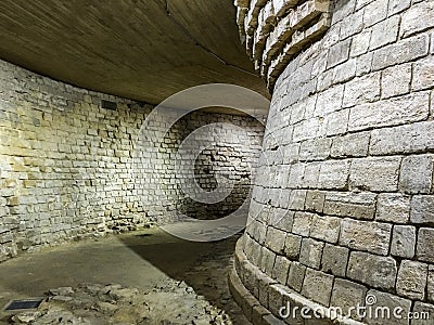 A portion of the medieval Louvre as preserved in the modern museum, Paris, France Editorial Stock Photo