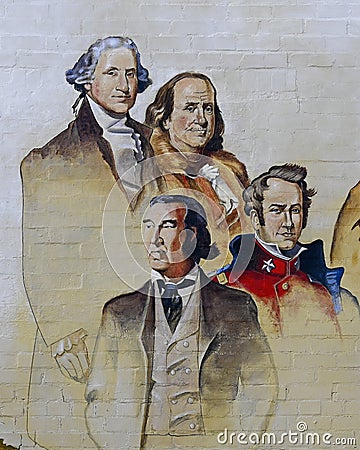 Portion of a mural by Jorge D`Soria depicting famous freemason`s throughout the history of the United States. Editorial Stock Photo