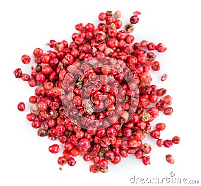 Portion of Pink Peppercorns isolated on white Stock Photo