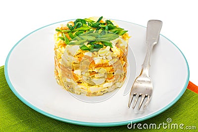 Portion salad with squid on plate,napkins Stock Photo