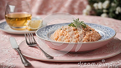 portion of salmon risotto in an embroidered plate on a pink tablecloth Stock Photo