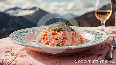 portion of salmon risotto in an embroidered plate on a pink tablecloth in front of a Norwegian fjord Stock Photo