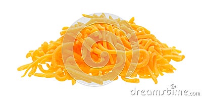 Portion of shredded sharp cheddar cheese on white background Stock Photo